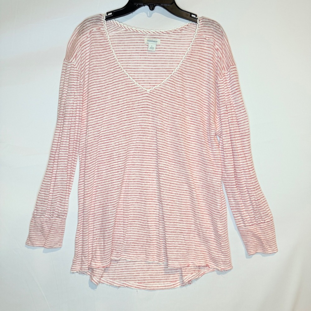Sundance Womens Red White Striped Linen Blend Lace Trim V-Neck Top Large